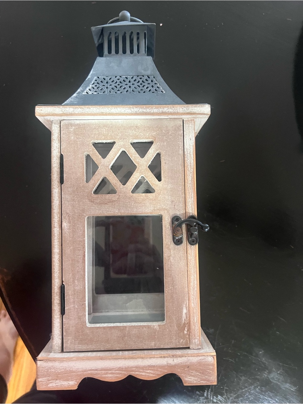 Decorative Wooden Lantern with Metal Top - Rustic Brown